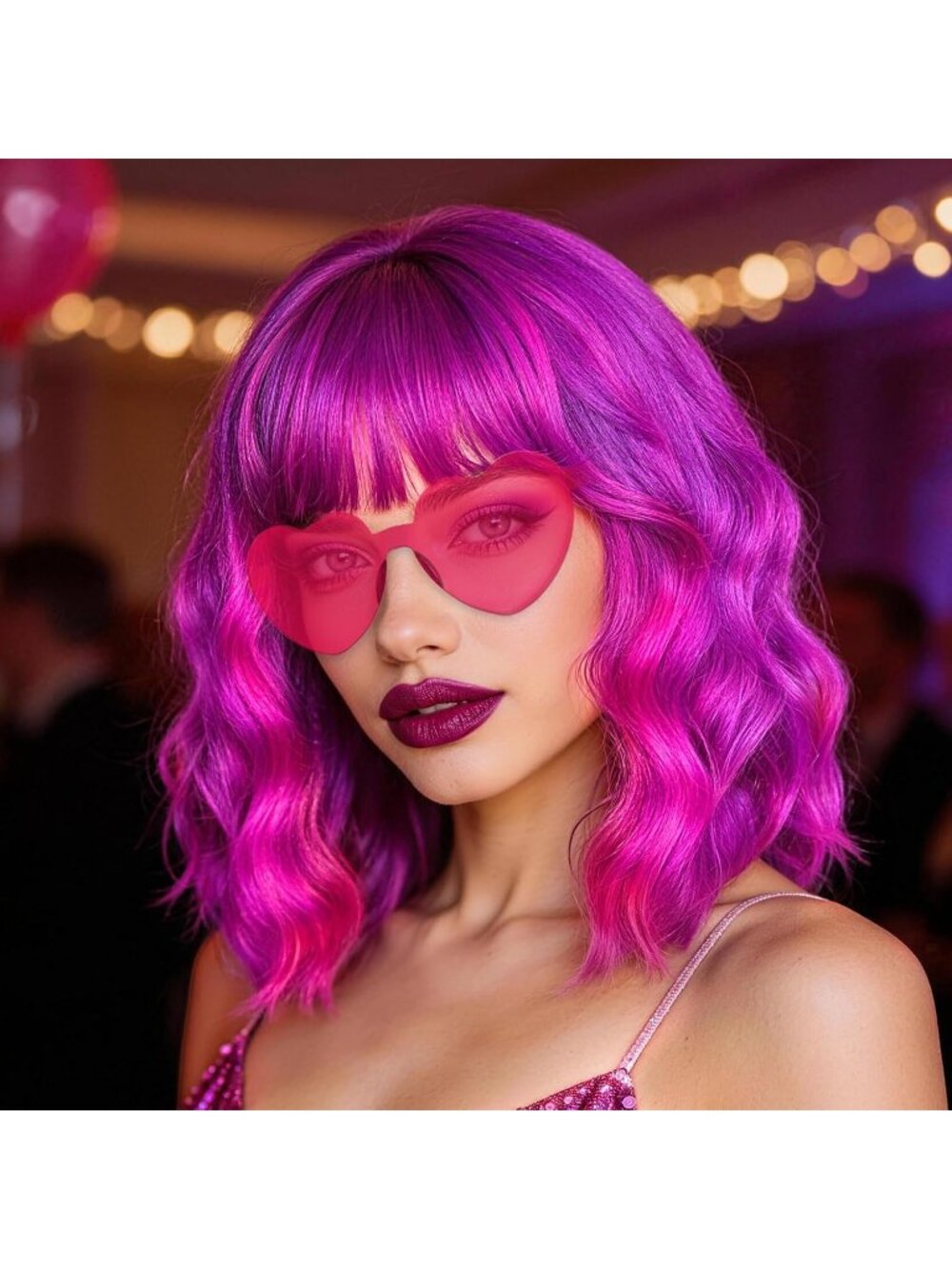 Women's Hot Pink Mixed Synthetic Curly Wavy Shoulder Length Modern Hair Bob Wigs